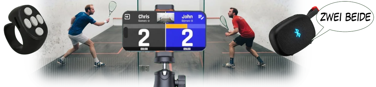 kliq squash Ökosystem mit Clicker, Spiel-Setup auf dem Court und Bluetooth-Spielstandsansagen