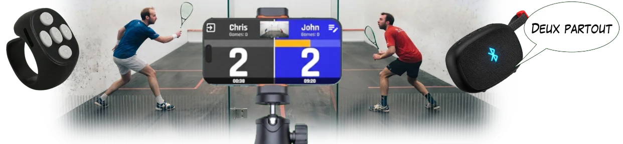 Écosystème kliq squash comprenant le clicker, la configuration de match sur le court et les annonces de score en Bluetooth