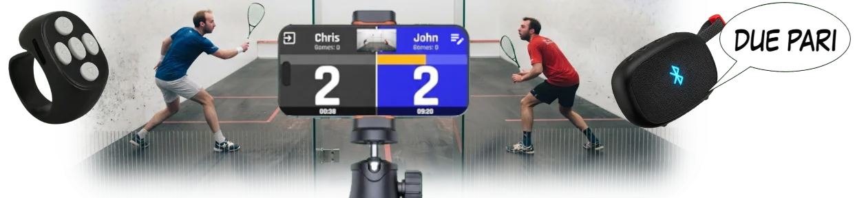 Ecosistema kliq squash con clicker, configurazione della partita in campo e annunci del punteggio tramite Bluetooth