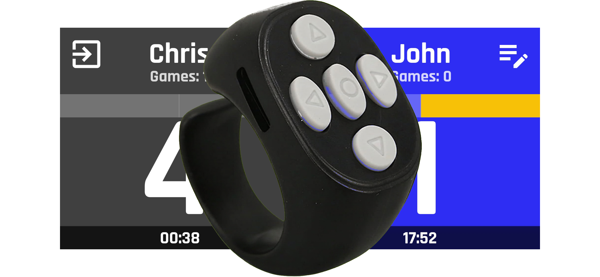 Bluetooth clicker mapped for squash scoring held in a player's hand